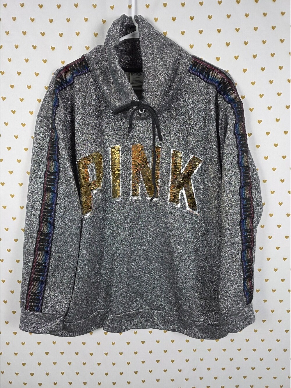 PINK Victoria's Secret Silver Rainbow Hoodie Gold Sequin Flip Large Y2K